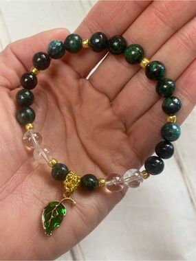 Genuine Malachite Crystal Bead Charm Bracelet with Gold Accents